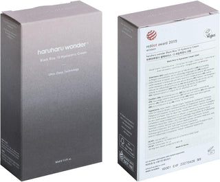 Packaging Haruharu Wonder Black Rice 10 Hyaluronic Cream - boite grise recto verso avec liste INCI et logo Reddot Award