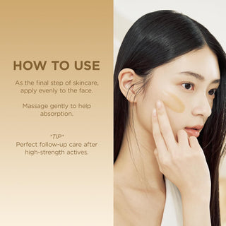 SKIN1004 Centella Cream - mode d'emploi avec modele appliquant le gel dore sur la joue