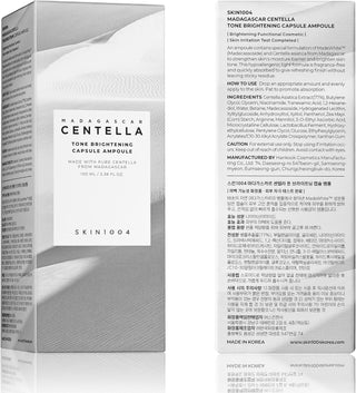 Packaging SKIN1004 Centella Tone Brightening Ampoule - boîte et flacon avec liste INCI et mode d'emploi