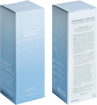 Haruharu Wonder Black Rice Hyaluronic Essence 50ml - face avant et arriere de la boite bleue avec liste INCI