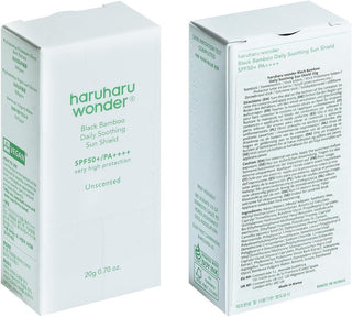 Packaging carton recto-verso du Haruharu Wonder Black Bamboo Sun Shield avec liste INCI et instructions
