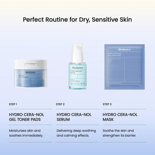 Routine BIODANCE Hydro Cera-Nol en 3 etapes - toner pads, serum et masque pour peaux seches et sensibles