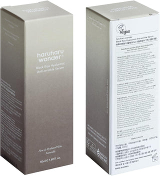 Haruharu Wonder Black Rice Hyaluronic Serum 50ml - face avant et arriere de la boite beige avec liste INCI