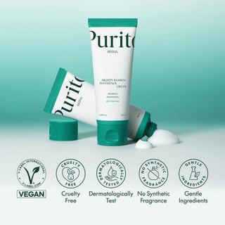 Deux tubes PURITO Mighty Bamboo Panthenol Cream avec texture creme et labels vegan et cruelty free