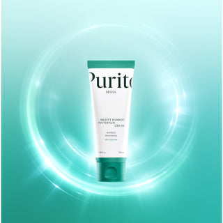 Tube PURITO Mighty Bamboo Panthenol Cream sur fond turquoise avec halo lumineux circulaire
