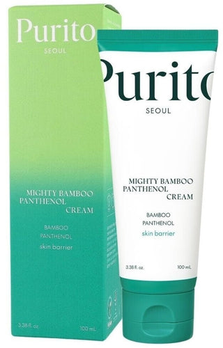 Boite verte degradee et tube PURITO Mighty Bamboo Panthenol Cream skin barrier - 100 mL