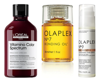 Trio protection chaleur - shampooing L'Oreal Vitamino Color, huile Olaplex No.7 et serum Olaplex No.9