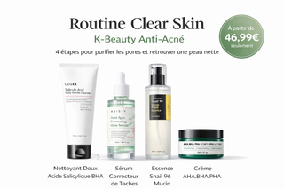 Infographie routine Clear Skin anti-acne en 4 etapes - nettoyant, serum correcteur, essence Snail 96 et creme AHA BHA PHA