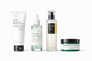 Routine anti-acne 4 produits - nettoyant COSRX, serum AXIS-Y Dark Spot, essence Snail 96 et creme AHA BHA PHA