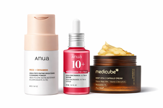 Trio anti-taches Anua Rice Ceramide poudre, Anua Niacinamide 10+ serum rose et Medicube Deep Vita C creme