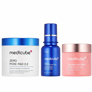 Trio Medicube pores resserres - pads Zero Pore Pad 2.0, serum Exosome Shot et creme Collagen Jelly Cream rose