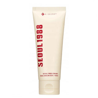 Tube beige K-SECRET Seoul 1988 Cream Snail Mucin 93% + Rice sur fond blanc, vue de face