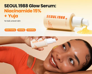 Visuel marketing Seoul 1988 Glow Serum K-Secret avec mannequin appliquant le serum et flacon renverse
