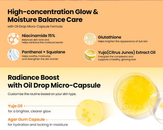 Infographie ingredients du Glow Serum K-Secret - niacinamide 15%, glutathione, panthenol, huile de yuja