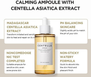 Infographie ampoule apaisante SKIN1004 - extrait de centella de Madagascar, pH physiologique, formule aqueuse non collante