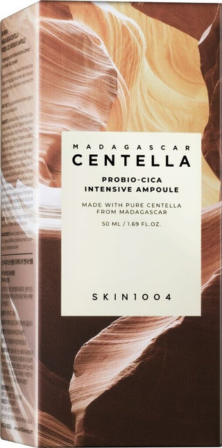 Boîte carton SKIN1004 Probio-Cica Intensive Ampoule 50ml - motif canyon ocre et liste ingrédients au dos