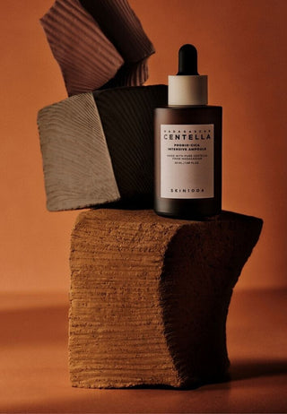 Mise en scène flacon SKIN1004 Probio-Cica Intensive Ampoule sur blocs de terre cuite, fond terracotta
